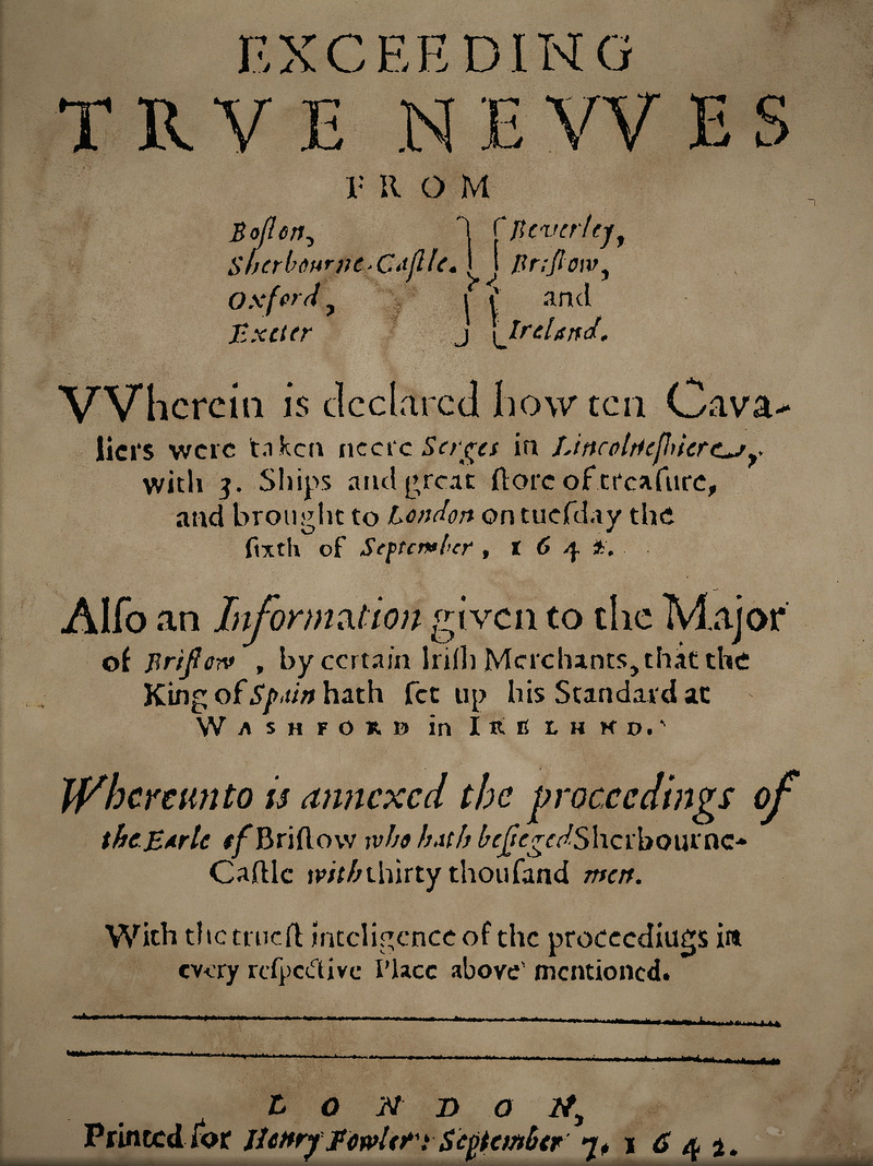 Front page a of propaganda pamphlet carried news of the capture of ten Royalists at Skegness 1642