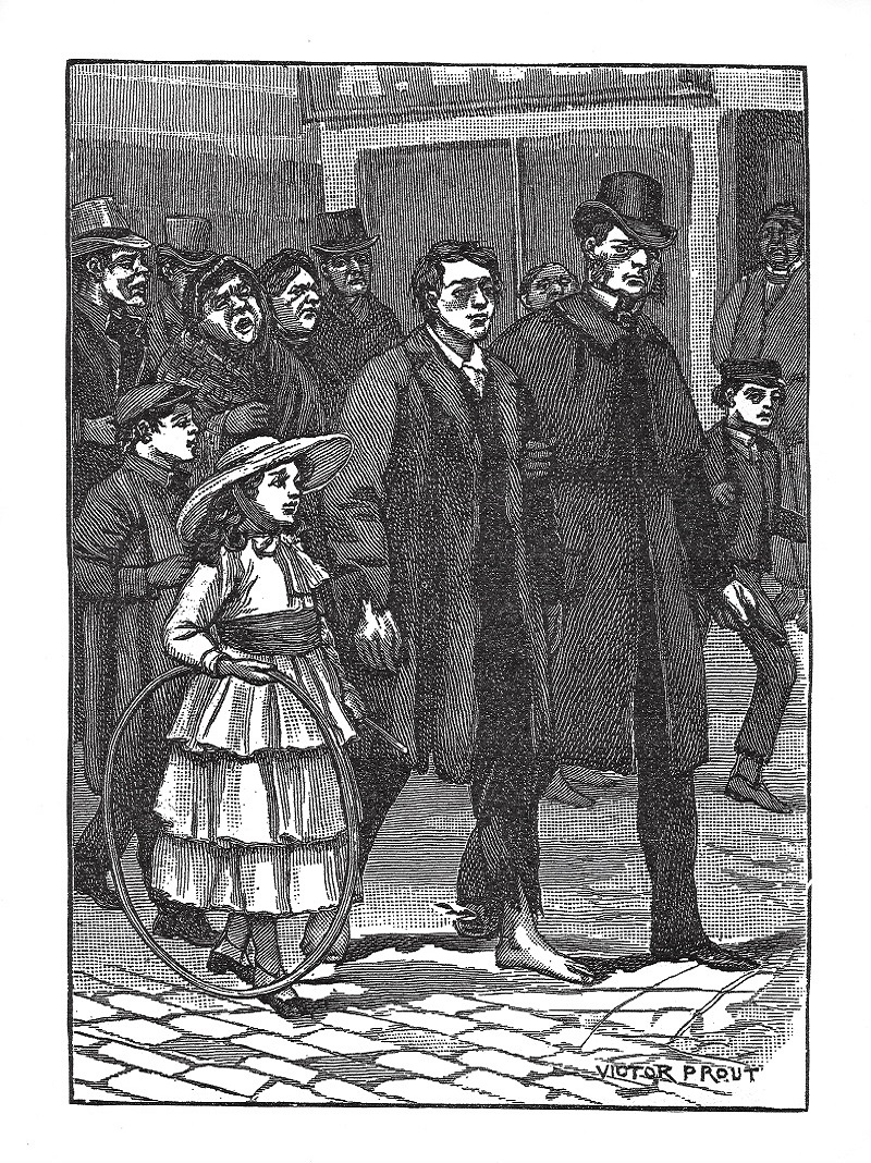 An illustration of Catherine Booth as a child walking beside the man under arrest for being drunk