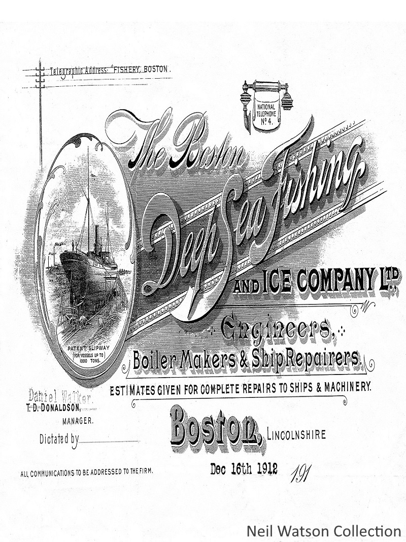 Advert for the Fishing Fleets that said Deep Sea Fishing and Ice Company Ltd, offering boiler makeers and ship repairs