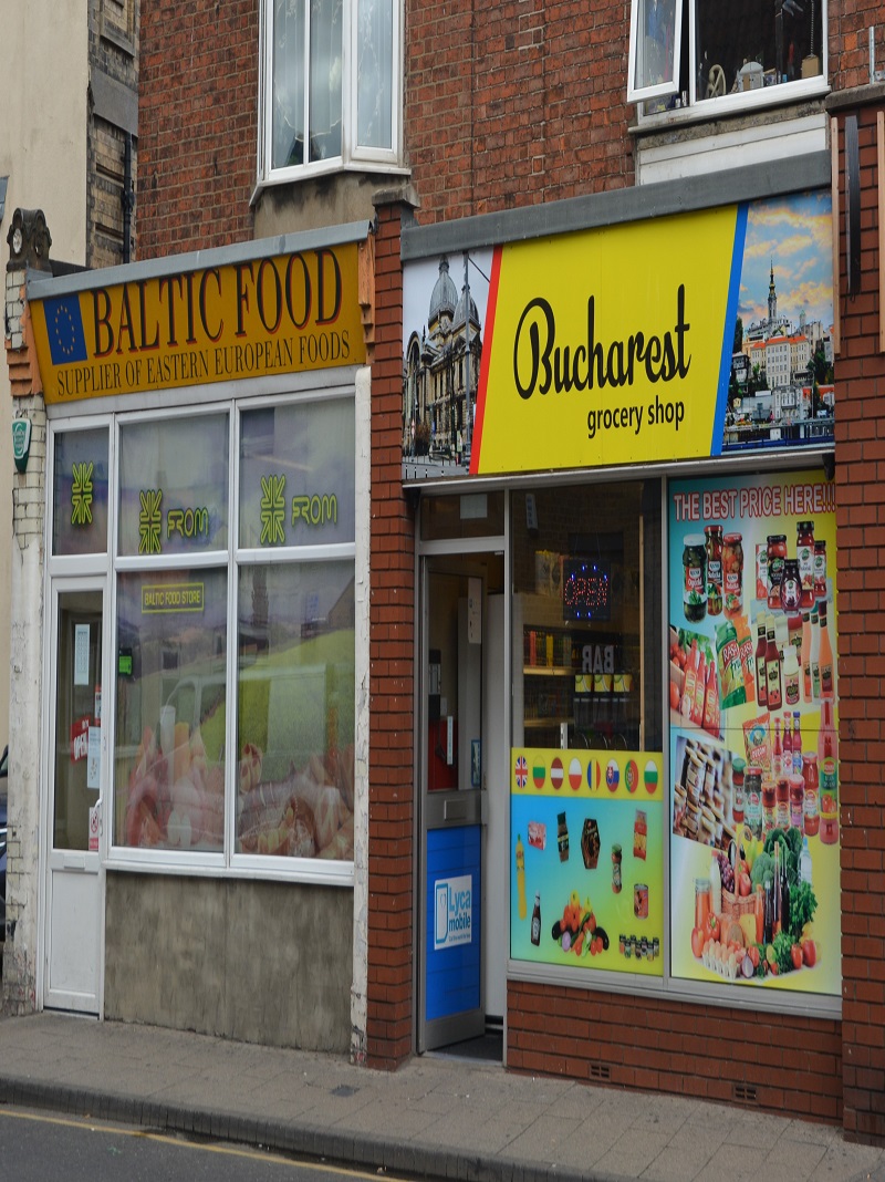 Two shop fronts, Bucharest grocery shop and Baltic Food.