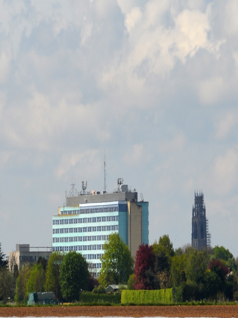 Boston Pilgrim hospital taken from a field in the distance.