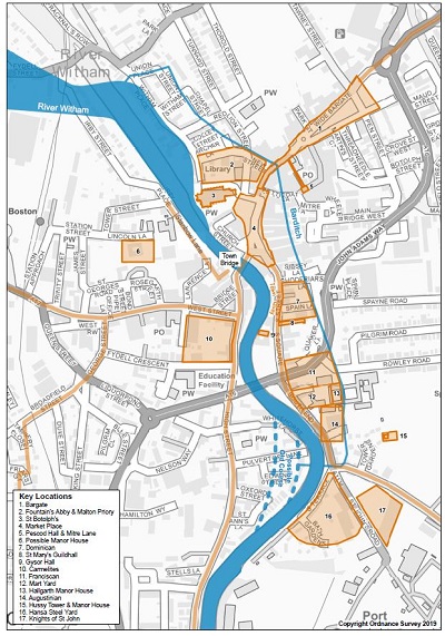 a birds eye view map of Medieval Boston